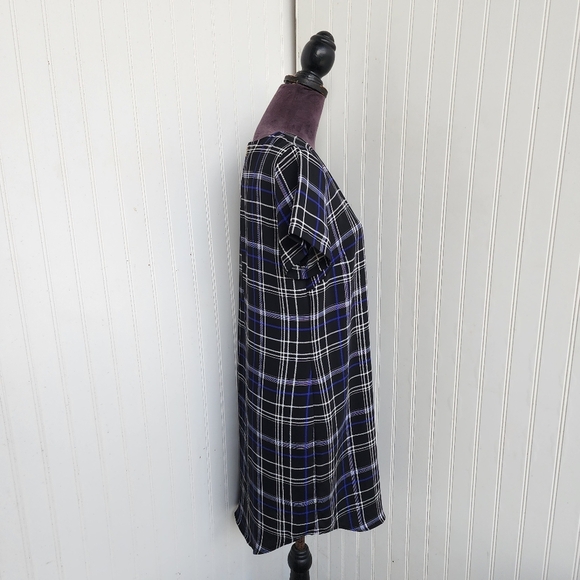 Cynthia Rowley Women Short Sleeve Dress Black Blue Plaid Shift Relaxed Zip Sz 10 - Picture 5 of 13